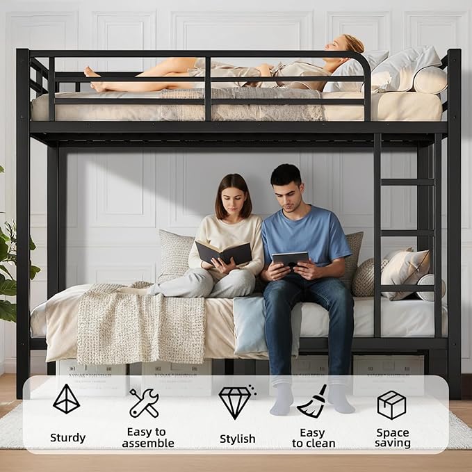 Twin Over Twin Bunk Bed, Metal Bunk Bed Frame Heavy Duty Bunk Beds Loft Bed Frame with Ladder and Guardrail Metal Slats No Box Spring Required for Adults Teens, Black