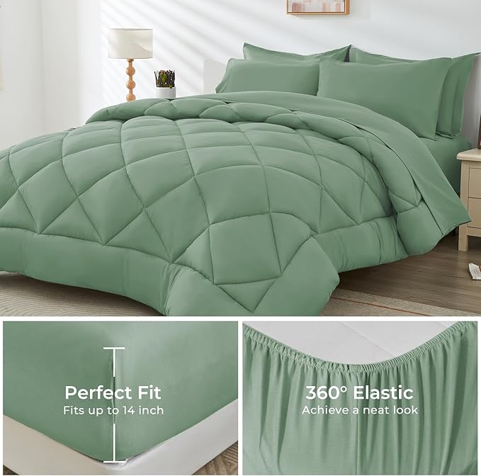 HEVUMYI Light Green Twin Comforter Set - 5-Piece All Season Bed in a Bag Twin, Ultra Soft Bedding Set with Comforter, Flat Sheet, Fitted Sheet, Pillowcases, Pillow Shams