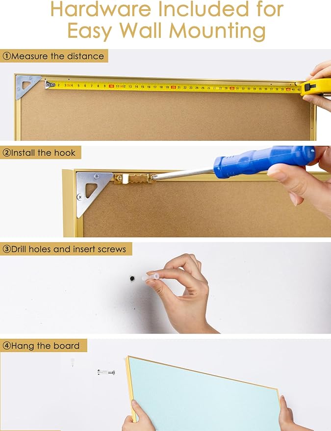 Bulletin Board 30 x 20 inches, Light Blue Pin Board, Golden Aluminum Framed Fabric Cork Board with 10 Push Pins