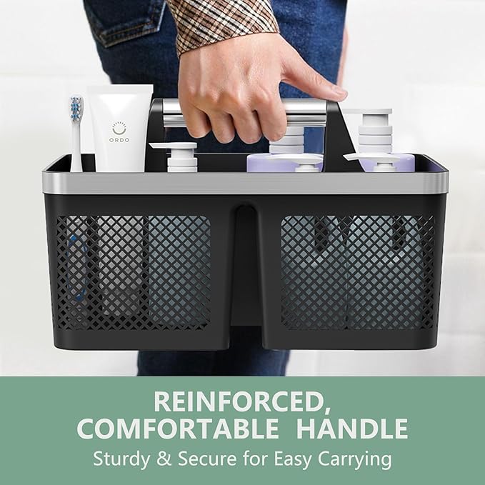 Black Shower Caddy Portable: Plastic Bathroom Caddy Organizer with Handle and Holes, Cleaning Caddy, Hard Shower Basket Storage Tote for Toiletry, College Dorm Room Essentials for Men