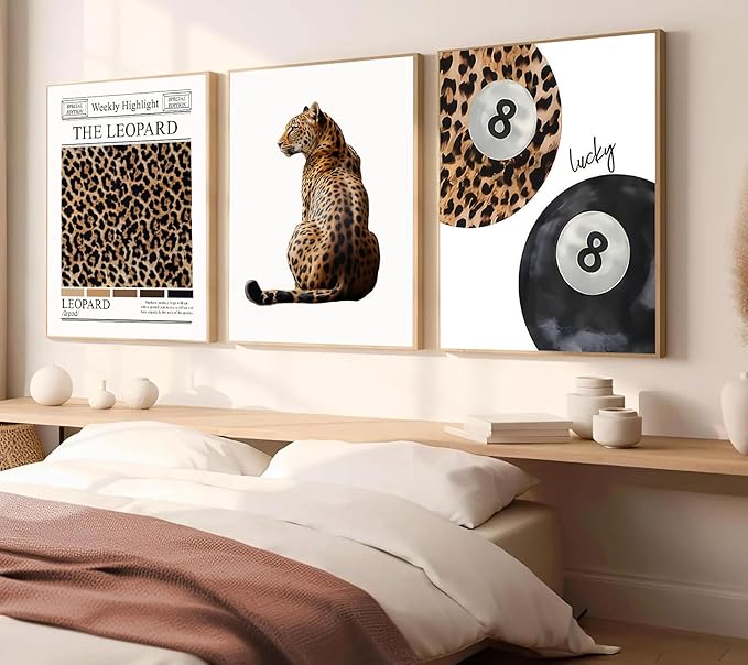 Set of 3 Trendy Leopard Canvas Wall Art Funky Lucky 8 Ball Posters Prints Preppy Room Aesthetic Cheetah Wall Decor Paintings Pictures for Girls Bedroom Apartment Dorm 16x24in Unframed