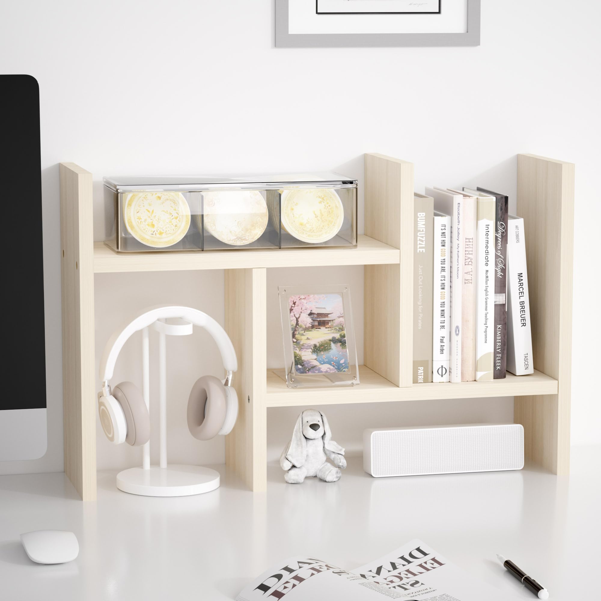 Jerry & Maggie Desktop Organizer Office Storage Rack Adjustable Wood Display Shelf Free Style Double H, Multi-Functional Mini Bookshelf for Desk Natural Stand (Violet) Dormly