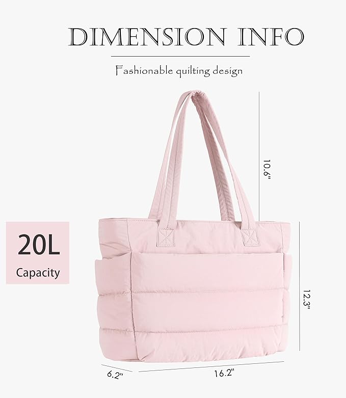 Puffer Tote Bag for Women, Cute Quilted Carryall with Zippered Compartments Shoulder Bag Handbag for Work, Travel, Gym