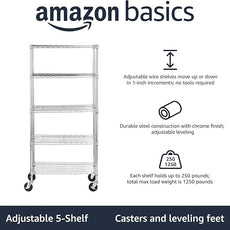 Amazon Basics 5-Shelf Adjustable, Heavy Duty Storage Shelving Unit on 4'' Wheel Casters, Metal Organizer Wire Rack, 30