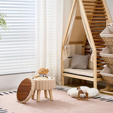 Wimarsbon Storage Ottoman,Soft Faux Fur Footstool with Padded Seat, Small Reading Vanity Chair, Footrest with Wood Tray for Couch, Mini Coffee Table or Display Stand (Beige, Round Storage)