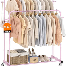 Laiensia Double Rods Garment Rack with Wheels, Clothing Rack for Hanging Clothes,4 Hooks, Multi-Functional Bedroom Clothes Rack, Pink