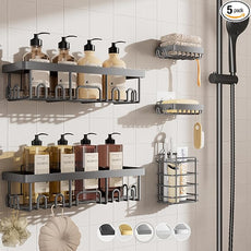 Veken Adhesive Shower Caddy 5-Pack,Heavy Weight Bearing,Large Wall Mounted Shower Shelves Rack,Organizer Storage Accessories with Soap Dish&Toothbrush Holder,Ideal for Bathroom,Home&Kitchen,Light Grey