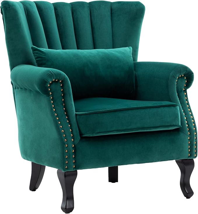 Mid Century Accent Chair Modern Tufted Wingback Armchairs Club Chair Velvet Fabric Single Sofa Lounge Chair with Pillow for Living Room, Green