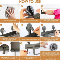 Shower Caddy Suction Cup,15.7 inch Suction Shower Shelf with Hooks NO-Drilling Bathroom Holder, Rustproof Bathroom Organizer, Dark Grey