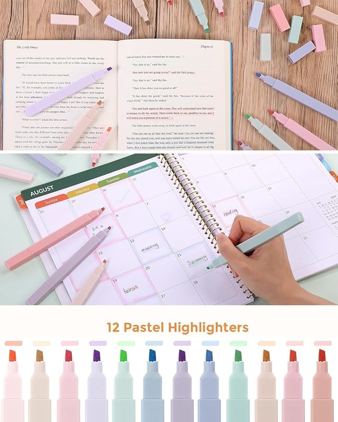 SKYDUE Cute School Supplies 38 PCS, Pencil Case with 12 Pastel Highlighters, 5 Black Gel Pens, Mechanical Pencils, College Essentials Students Stationary Set Dark Blue