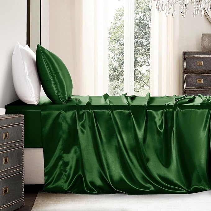 Satin Sheets Twin Size - 3 Pieces Luxury Silky Soft Bed Sheets for Kids, Wrinkle-Free Dark Green Satin Silk Sheet Set with 1 Deep Pocket Fitted Sheet, 1 Flat Sheet, 1 Pillow case