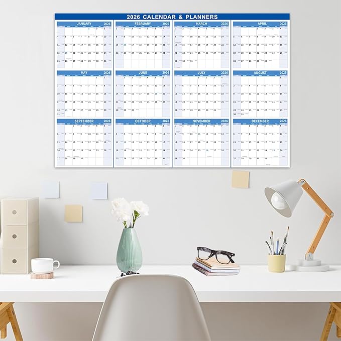 22.7" x 34.72" 2026 Wall Calendar, Folded Wet & Dry Erase Wall Calendar 12 Month, Yearly Laminated Wall Calendars, Reversible Annual Planner, Horizontal/Vertical, with Julian Dates