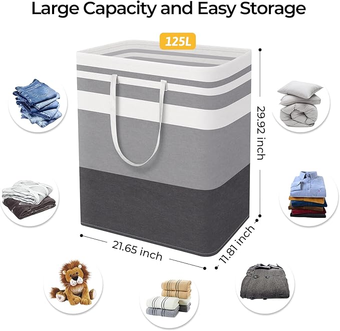 HomeHacks 2-Pack Large Laundry Basket, Waterproof, Freestanding Laundry Hamper, Collapsible Tall Clothes Hamper with Extended Handles for Clothes in The Dorm and Family Gradient Grey, 125L