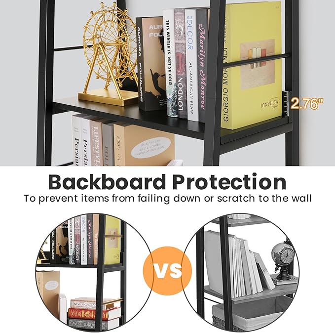 Himimi Black Ladder Bookshelf, 5 Shelf Bookcase Industrial Bookshelf Wood and Metal Bookshelves, Plant Flower Stand Rack Book Storage Shelves for Living Room, Bedroom, Home Office