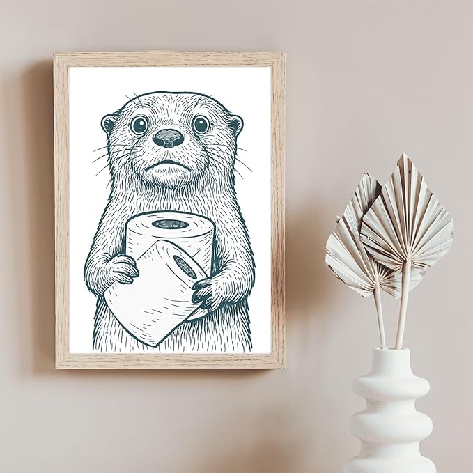 Jatinoo Funny Cartoon Otter Bathroom Wall Art Canvas Framed 11.5x15 Inches Black White Cute Animal-Inspired Prints for Toilet Wall Decor Ideal for Pet Lovers Young Adults Fun House Enthusiasts Home & Kitchen Posters