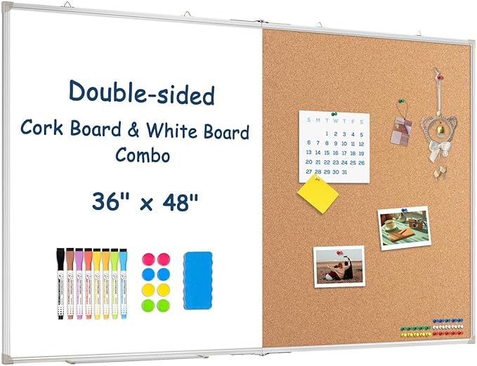 Large White Board Dry Erase Foldable Cork Board Combo, 48" x 36" Double Sided Dry Erase Board for Wall, Magnetic Whiteboard Cork Board Combination for Office, Home, School, Kitchen
