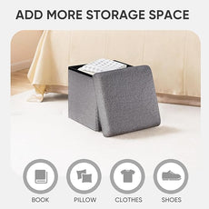 PINPLUS Storage Ottoman Cube Square Shaped Ottomans with Storage Foot Stool Footrest for Lving Room Boucle Ottoman Seat for Dorm Room,Faux Teddy Fur Grey,11.8