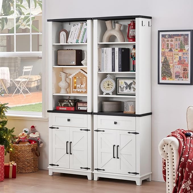 72in Tall Bookshelf 7 Tier Bookcase with Drawer and Barn Doors and Adjustable Shelves, White Farmhouse Book Shelf with Storage Cabinet, Wood Freestanding Display Bookshelves for Kitchen (3PCS)