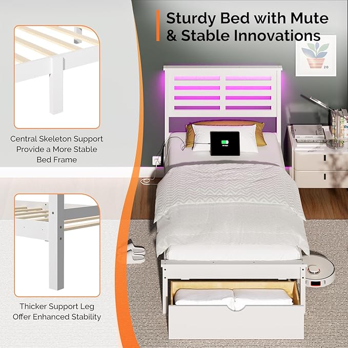 VINGLI Solid Wood Twin LED Bed Frame with USB Charging Single Panel Platform Bed with 40 Inches Tall Headboard and Underbed Storage Drawer,White