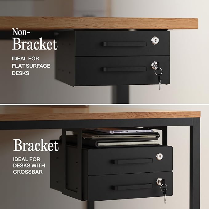 Under Desk Drawer Slide-Out – Lockable Metal Storage Drawers with Cable Management for Office & Home (Double, Non-Bracketed)