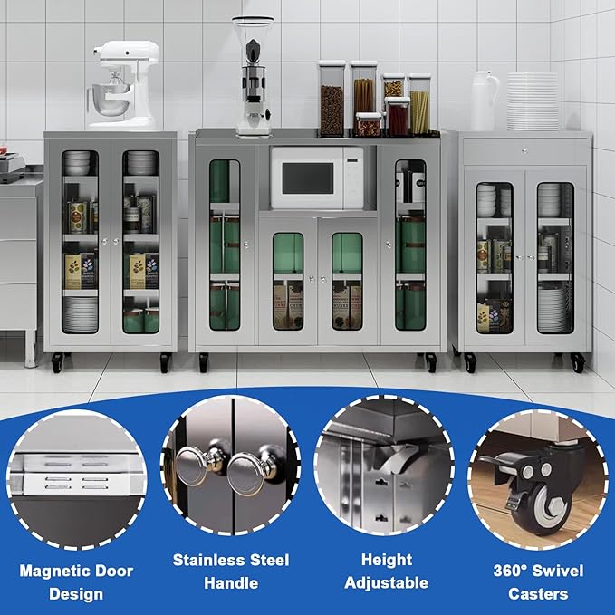 ZZV Stainless Steel Storage Cabinet, Rolling Kitchen Cabinet with Wheels, Heavy Duty Floor Cabinet for Kitchen, Garage, Restaurant, Outdoor, No Assembly Required, D14.18 x W47.25 x H42.92