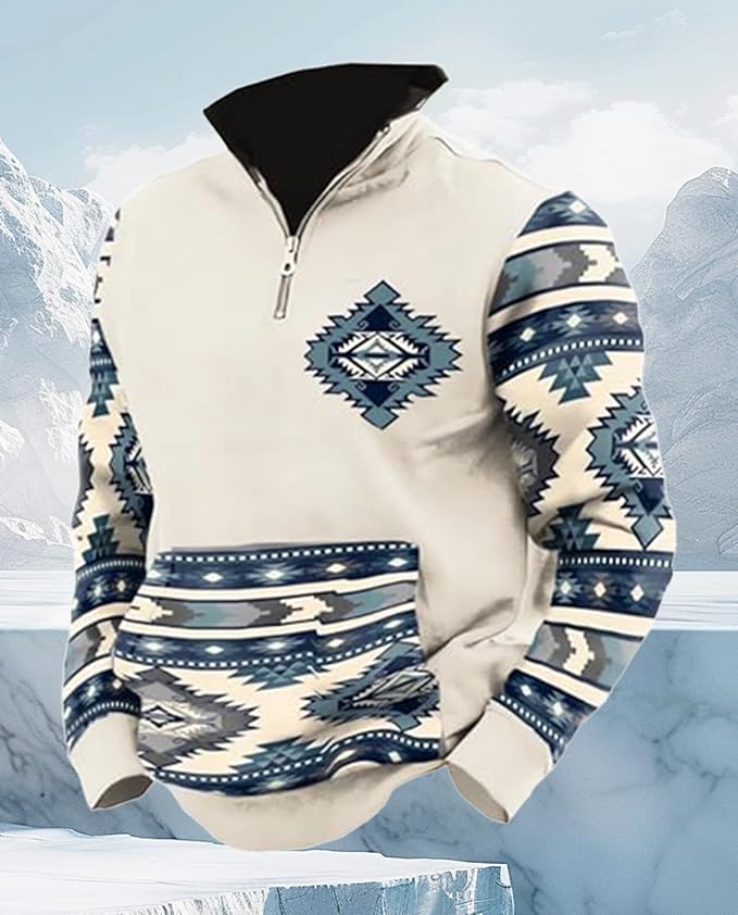 Western Sweatshirts for Men Aztec Cowboy Vintage Graphic Fleece Hoodie Mens Quarter Zip Pullover Country Jacket