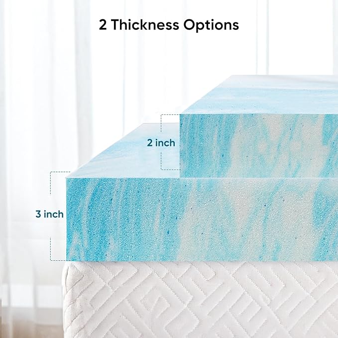 Marsail 2-inch Queen Memory Foam Mattress Topper, Gel Infused Cooling, Pressure Relief, Soft Yet Supportive, Blue, CertiPUR-US Certified