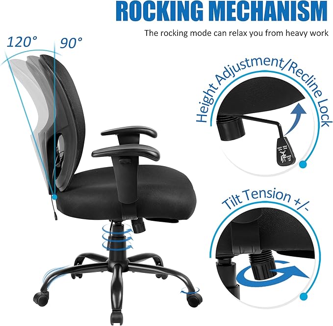 Bigroof Home Office Chair Ergonomic Mesh Desk Chair 400lbs with Adjustable Lumbar Support Arms High Back Wide Seat Task Executive Rolling Swivel Chair for Women Men, Heavy People