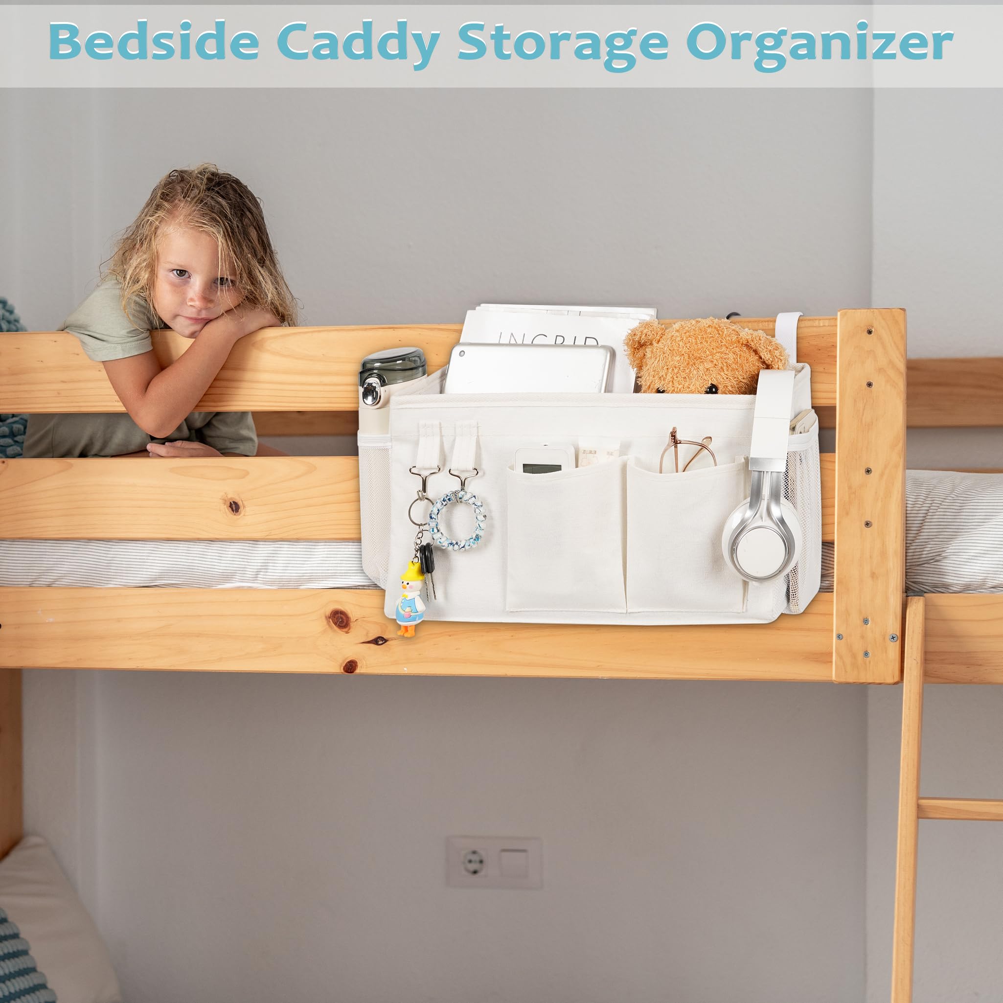 Loghot Bedside Caddy/Bedside Storage Bag Hanging Organizer for Bunk and Hospital Beds,Dorm Rooms Bed Rails,Can be Placed Glasses,Books,Mobile Phones,Keys (Light Pink) Dormly