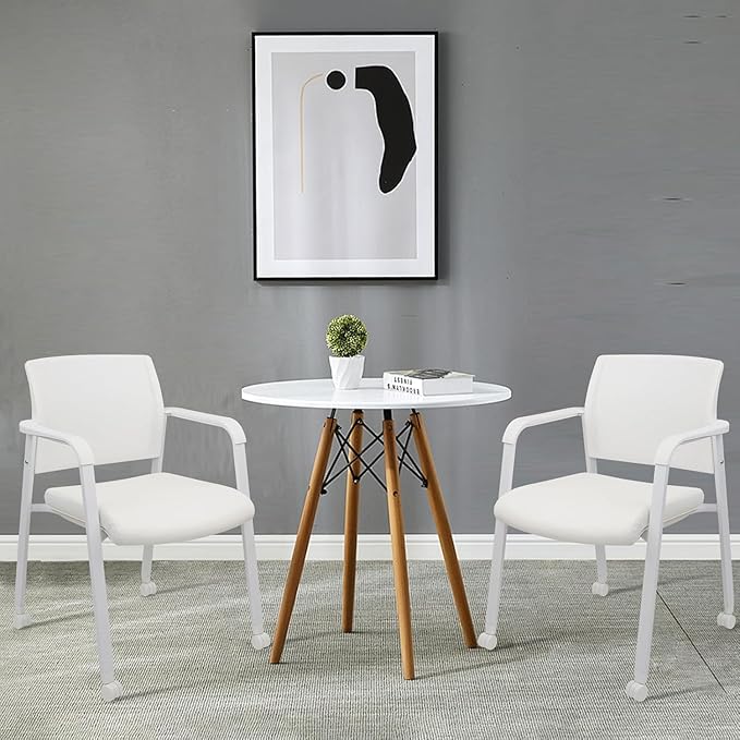 CLATINA Stacking Office Chairs with Wheels | Mesh Back, Thicken Leather Seat and Streamline Armrests, Ergonomic Lumber Support | School, Desk, Guest Reception, Waiting, Conference | Set of 8, White