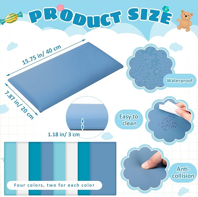 8 Pack Wall Padding for Playroom Peel and Stick Headboard 15.75" x 7.87" x 1.18" 3D Anti Collision Upholstered Wall Panels Self Adhesive Headboard Panel for Protection (Blue Colors)