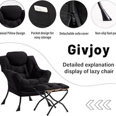 Cozy Lazy Chair and Ottoman, Large Contemporary Accent Lounge Chair Set, Leisure Upholstered Reading Armchair for Bedroom, Living Room, Dorm Rooms, Office