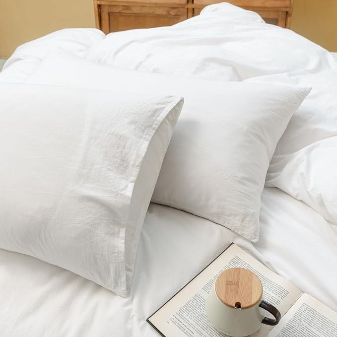 FOSSA Duvet Cover Set 100% Washed Cotton Linen Feel Super Soft Breathable Cozy 3 Pieces Bedding Sets Solid Off White Super Queen