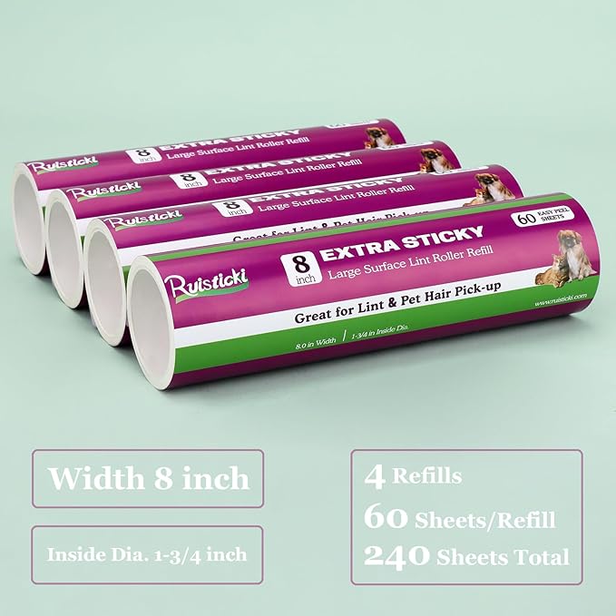 8 inch Lint Roller Refill for Scotch-Brite Pet Extra Sticky Large Surface Roller 50% Stickier Lint Roller Refill, Works Great On Pet Hair, 4 Refills, 60 Sheets per Refill, 240 Sheets Total