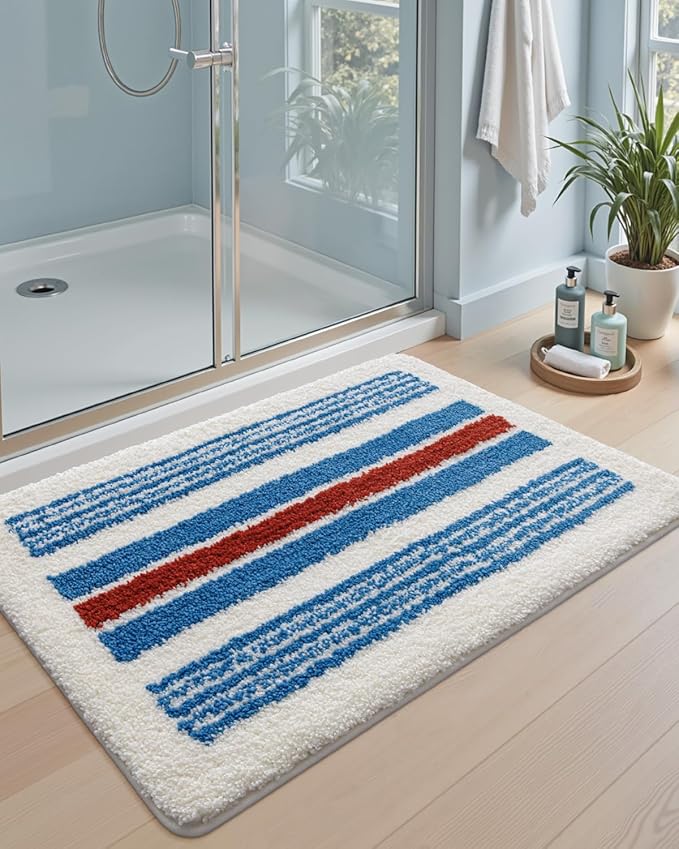 DEXI Striped Bath Mats for Bathroom 36x24, Washable Absorbent Bathroom Rugs with Non Slip Backing, Extra Soft Plush Microfiber Shower Rugs for Tub, Floor, Sink, Blue and Red