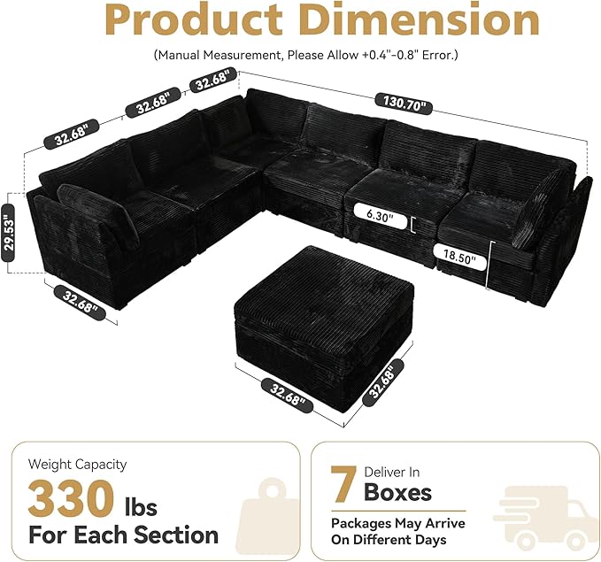 Large 7 Seat Modular Sectional Sofa with Ottoman Seat Corduroy Sleeper Sectional Sofa Bed Oversized Convertible Modular Couch for Living Room