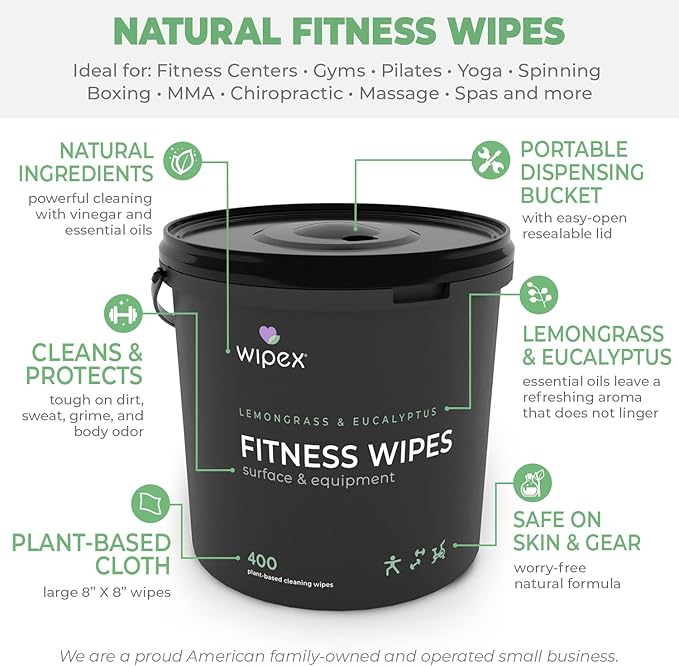 Wipex Yoga Mat Cleaner Wipes - Plant-Based Lemongrass, Eucalyptus & Vinegar Wipes for Gym & Fitness Equipment & All Purpose Gym Cleaning - Safe for Peloton Bikes & Treadmills - 400 Count