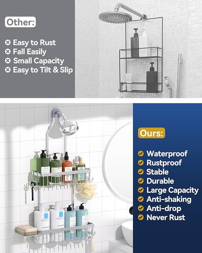YASONIC Shower Caddy Hanging, Never Rust Shower Organizer Hanging, Aluminum Shower Racks for Inside Shower with Hooks for Razor, Bathroom Organizers and Storage with Soap Holder, Bright Silver