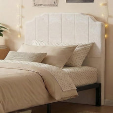 Twin Headboard Only - Beige Velvet Upholstered Headboard for College Dorm, No Assembly Required, Pure Sponge Design, Place Between Bed & Wall, Vertical Stripe with Stepped Crown Top Edge