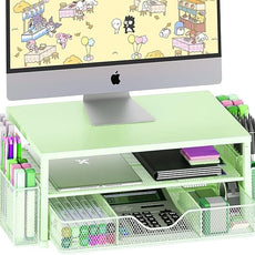 OPNICE Desk Organizers and Accessories, 2-Tier Computer Monitor Stand Riser with Drawer and 2 Pen Holders, Laptop Stand, Office Desk Accessories for Office Supplies, Green
