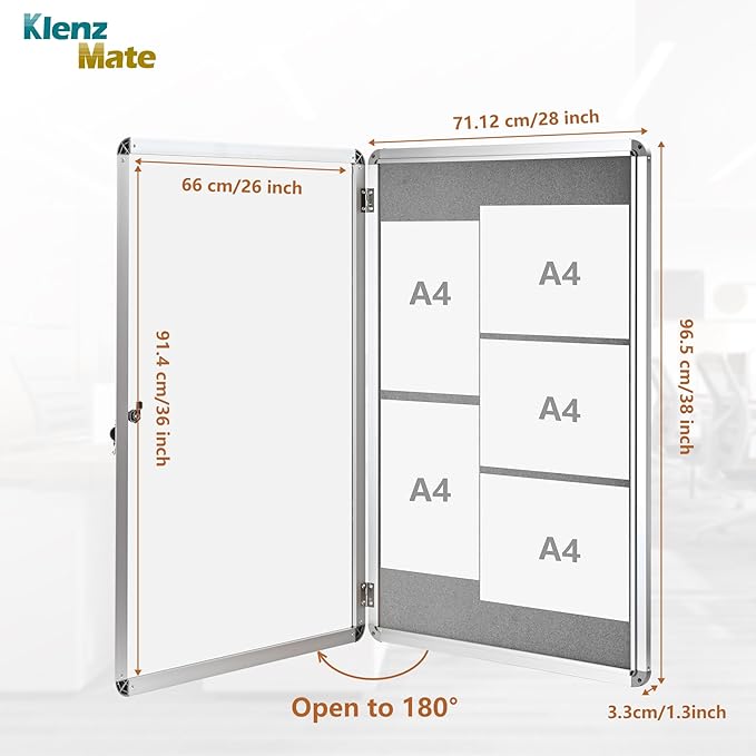 38"x28" Enclosed Bulletin Board Tamper-Proof Dispaly Case,Grey Fabric&Aluminium Frame,Shatter Resistant Lockable Bulletin Board with Clear Acrylic Door for School,Office,Mall,Community,Hospital,Church