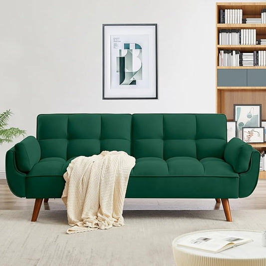 Solid Wood Feet Futon Couch Tufted Convertible Sleeper Sofa Bed Solid Wood Legs Adjustable Backrest Living Room Hemp Sponge S-Shaped Spring Eucalyptus Frame (Green)