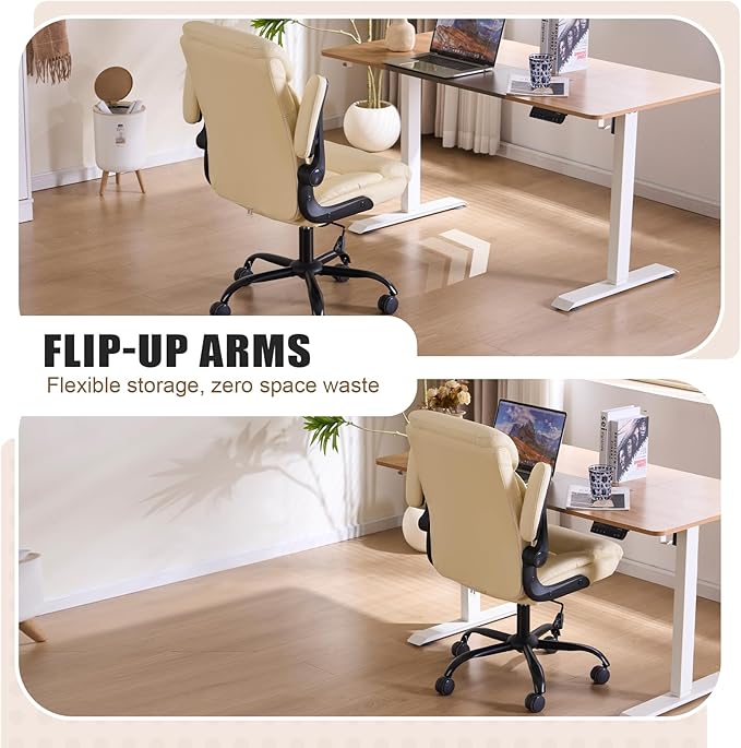 Office Chair, Ergonomic Computer Chair with Flip-up Arms Home Desk Chairs Comfy PU Leather Executive Mid Back Support Adjustable Height Tilt Lock Swivel Rolling Wheels, Beige