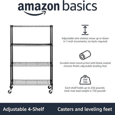 Amazon Basics 4-Shelf Adjustable, Heavy Duty Storage Shelving Unit on 3'' Wheel Casters, Metal Organizer Wire Rack, 36