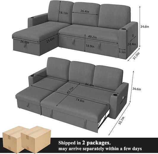 Keyluv 87" Pull Out Sleeper Sofa Bed with Storage Chaise, Reversible 2 in 1 Sectional Sofa Bed with Charging Station and Cup Holder, L-Shaped Sofa Couch for Living Room, Velvet Dark Gray