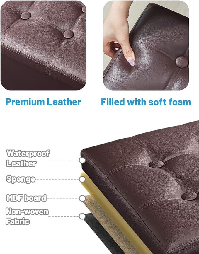 AmasSmile Storage Ottoman Folding Foot Rest Stool, Leather Footstool Bench, Short Ottoman Stool, Storage Foot Rest Store, Books (Brown, 17" D x 13" W x 13" H)