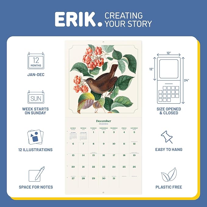 Birds Wall Calendar 2026 12" x 12" FSC® Plastic Free - Starts Week On Sunday | Family Planner Vintage Calendar 2026