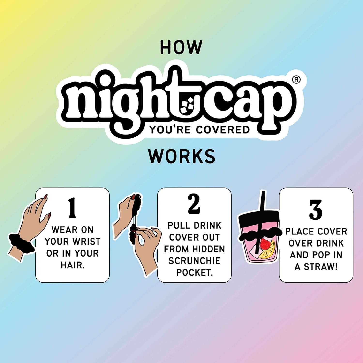 NightCap Drink Cover Scrunchie, Anti Spiking Drink Protector, Reusable Cup Cover for Bars, Festivals, Concerts, College Parties & Travel, Hidden Drink Safety Cover for Women, Shark Tank, Hair Tie