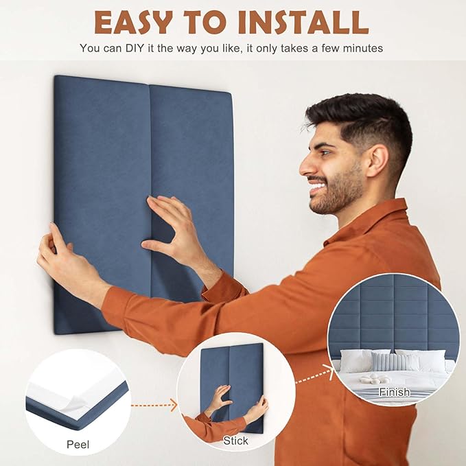 IFNOW Wall Mounted Upholstered Headboard Full, 3D Peel and Stick Soundproof Wall Panels, Reusable and Removable Padded Headboard Leather Bed Headboard, 6 Panels Headboard 9.84" x 23.62", Navy Blue