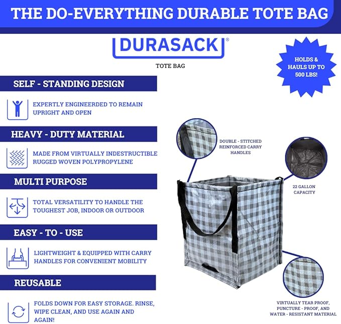 DURASACK Heavy Duty Storage Tote Bag 22-Gallon Rugged Woven Polypropylene Moving Bag, Reusable Self-Standing Design, Holds up to 500 Pounds, Pack of 4, Gingham Gray